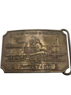 Vintage Santa Fe Train Belt Buckle Wells Fargo Railroad Steam Engine Locomotive